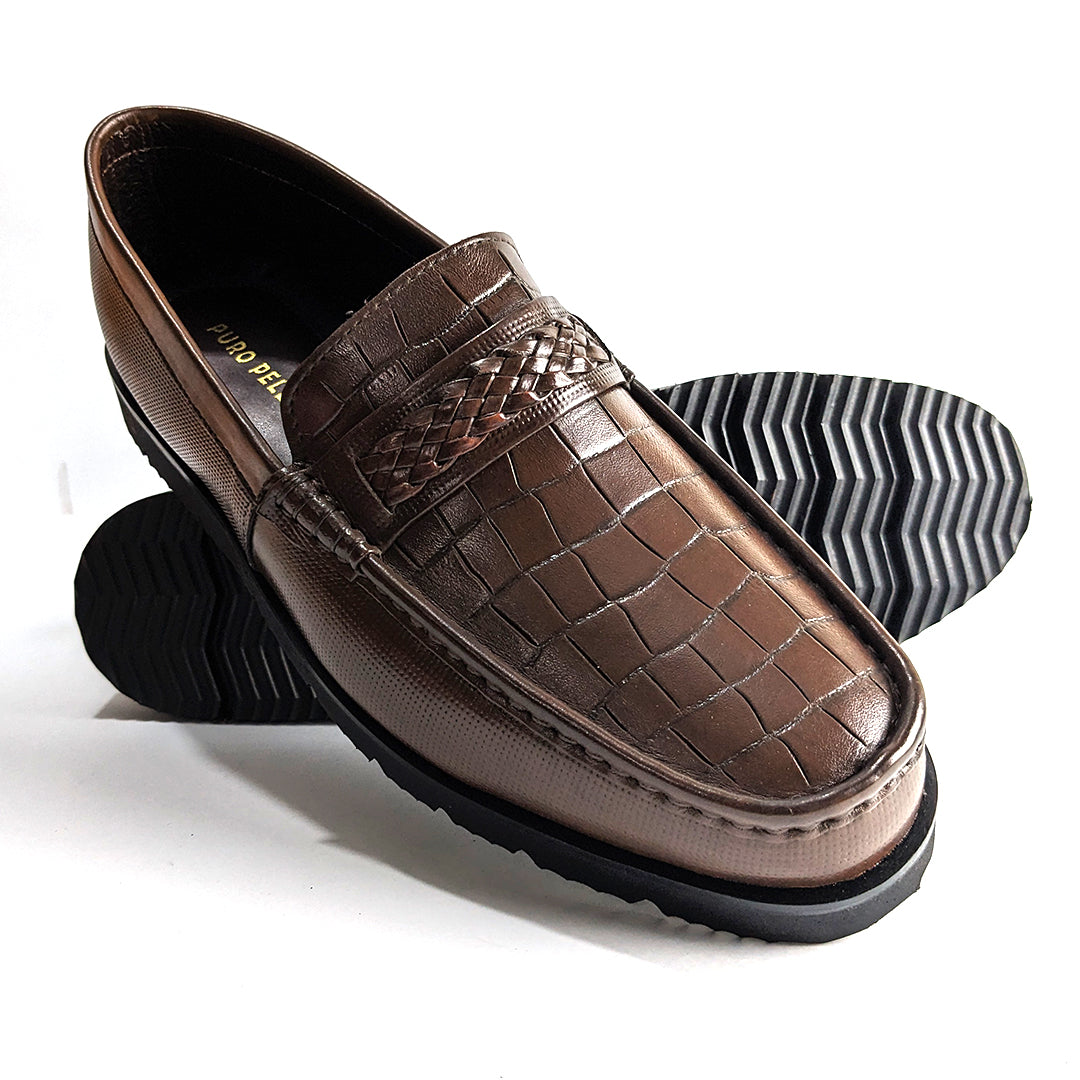 Men Formal High Sole Elegant Brown Croc Pure Leather Shoe  JAV02