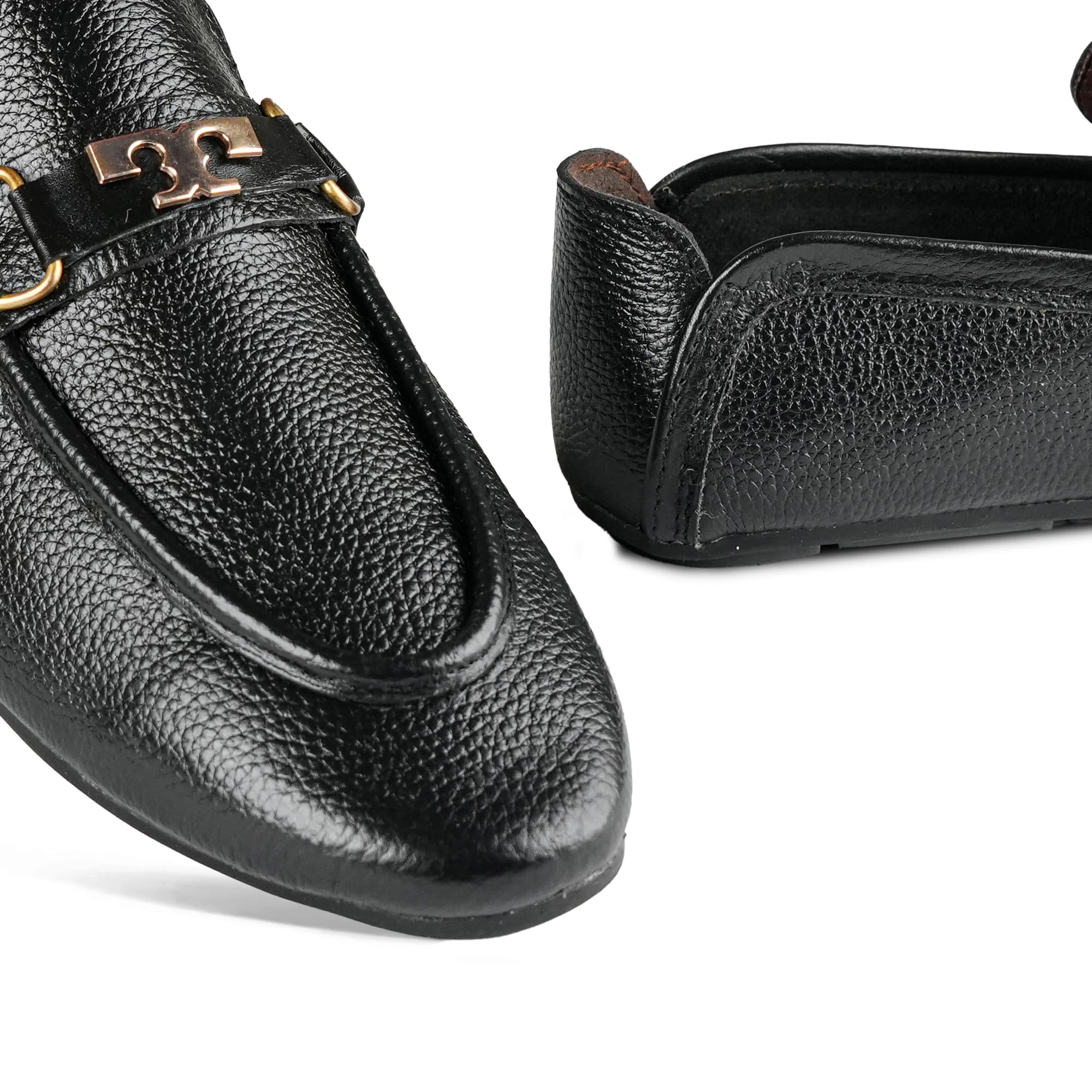 Black Leather Shoes with Gold Buckle Accent PA23