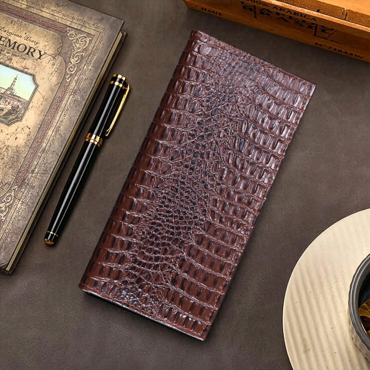 Men Leather Brown Long Wallet Q9