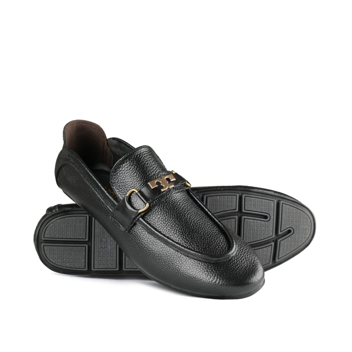 Black Leather Shoes with Gold Buckle Accent PA23