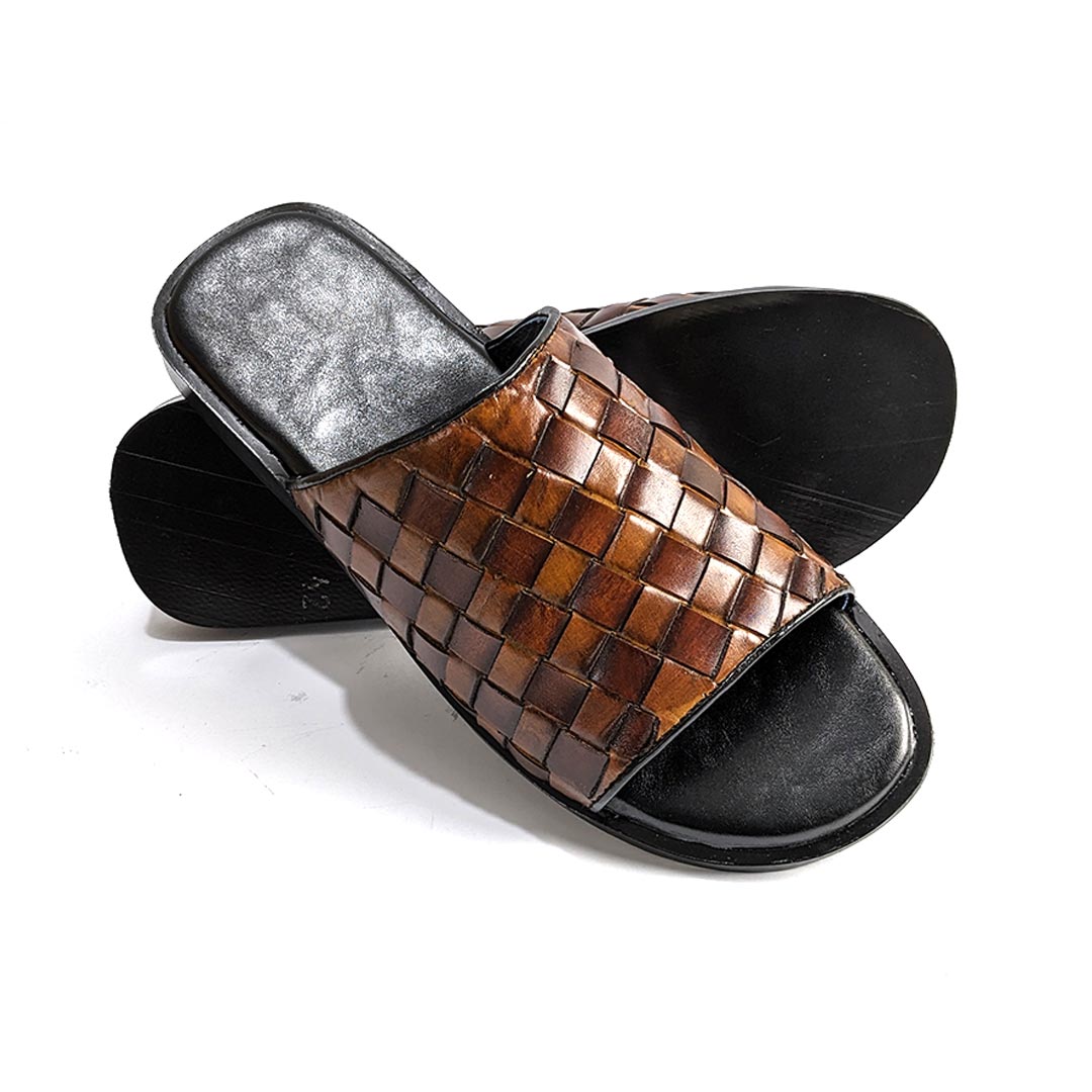 Men Handmade Premium Woven Leather Two Tone Slippers