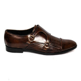 Men Formal Brown Two Monk Textured Pure Handmade Leather Shoe RHS