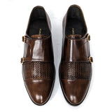 Men Formal Brown Two Monk Textured Pure Handmade Leather Shoe RHS