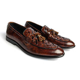 Men Formal Brown Woven Tassel Pure Handmade Leather Shoe