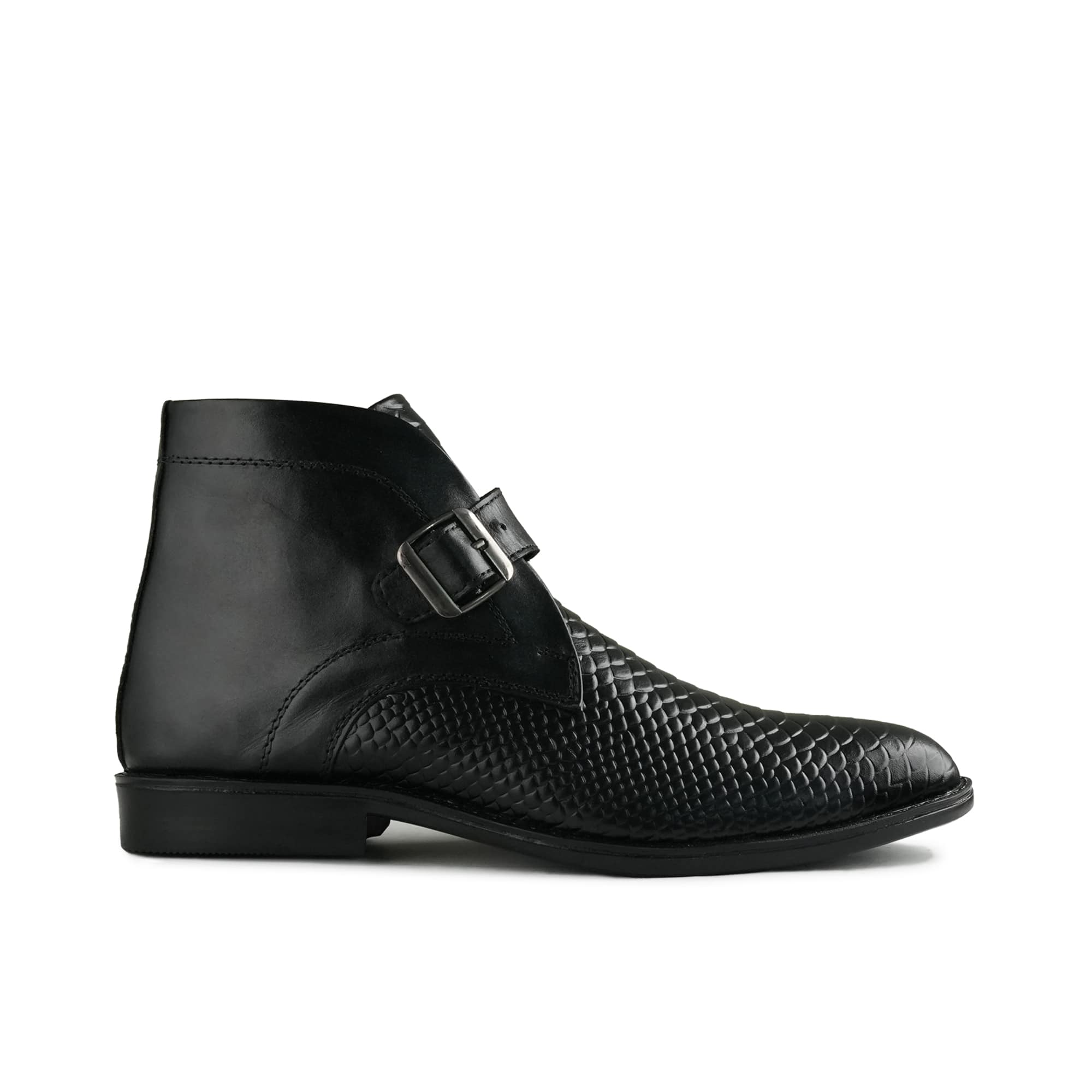 Black Textured Leather Ankle Boots PJ38