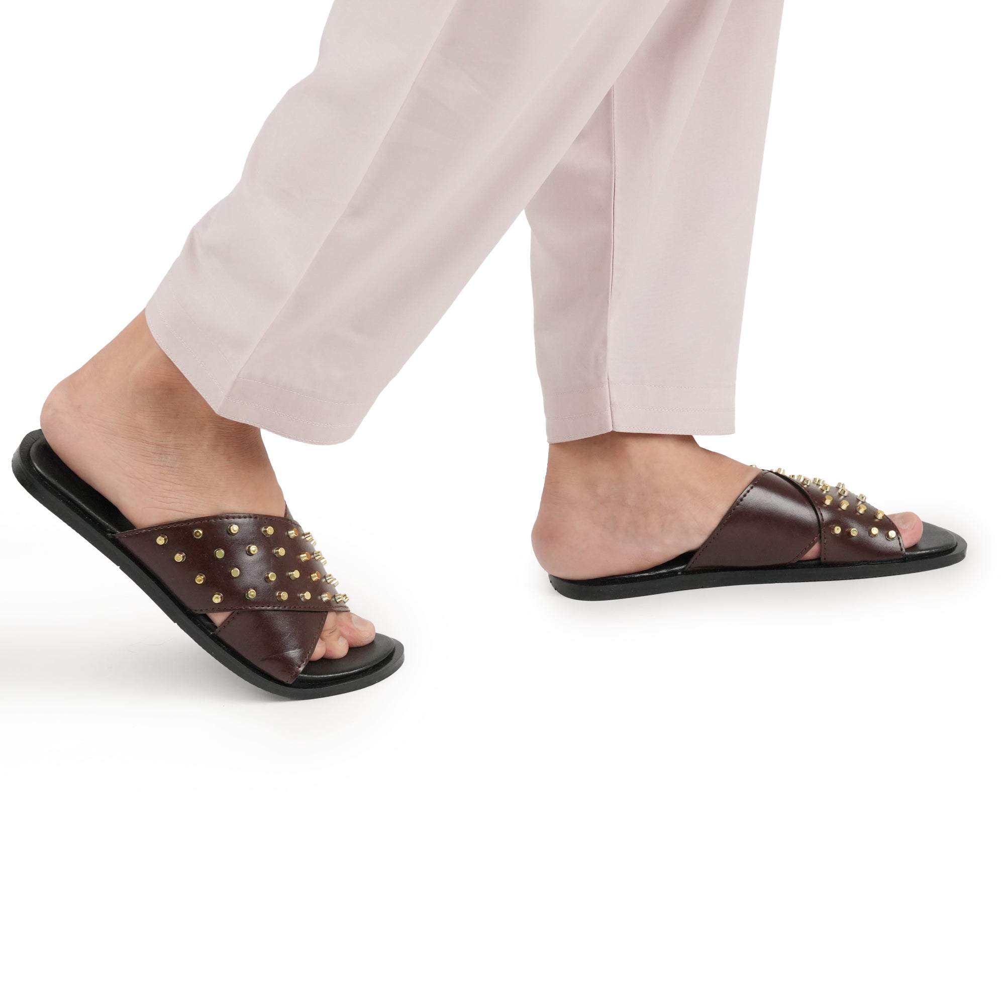 Brown Cross Studded Slipper SA32