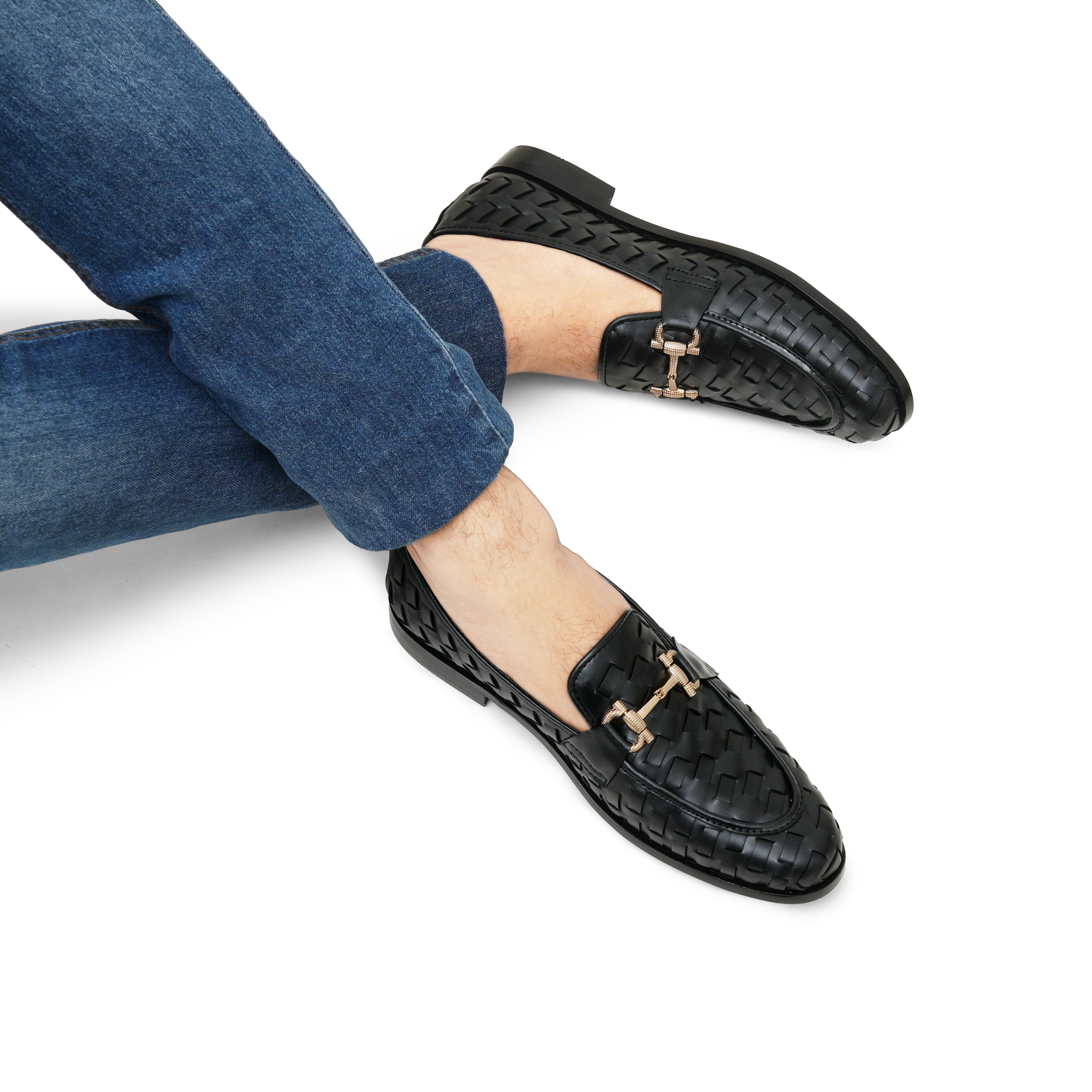 Black Woven Shoes with Gold Bit FZ42