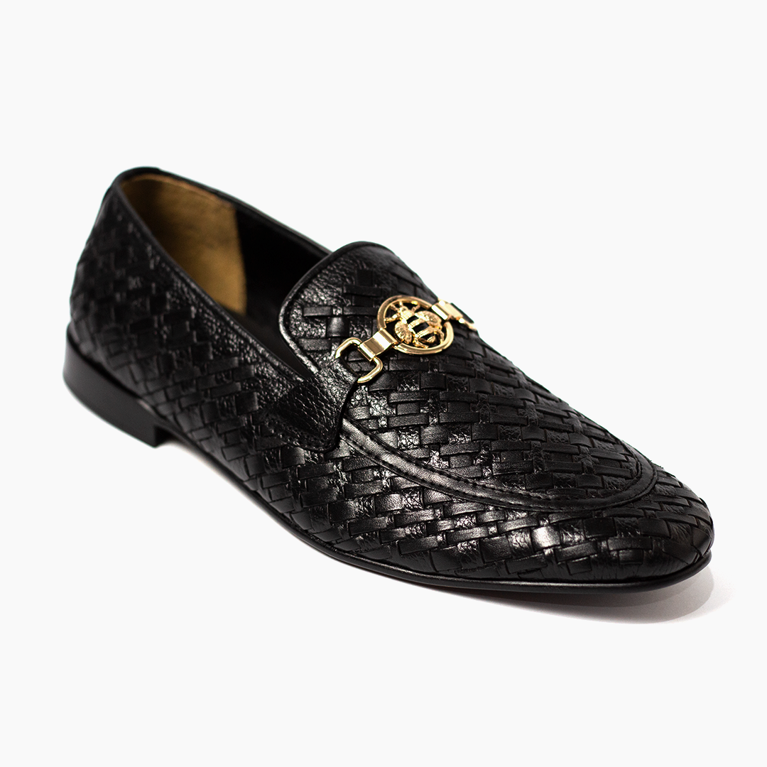Men Formal Black Woven Handmade Pure Leather Shoe