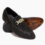 Men Formal Black Woven Pure Handmade Leather Shoe