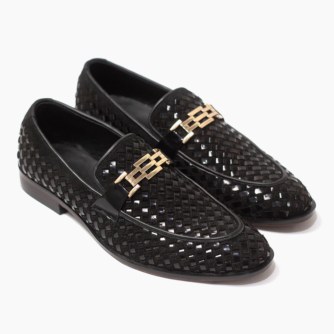 Men Formal Black Woven Pure Handmade Leather Shoe