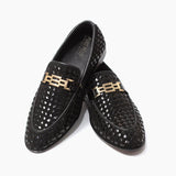 Men Formal Black Woven Pure Handmade Leather Shoe